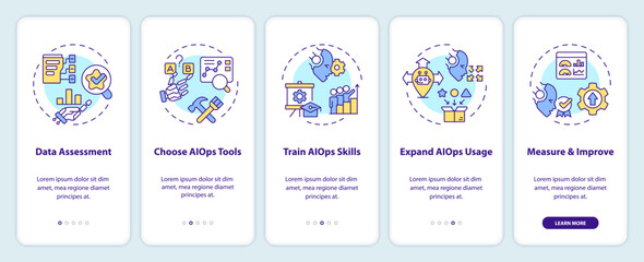 2D icons representing AI ops mobile app screen set. Walkthrough 5 steps colorful graphic instructions with line icons concept, UI, UX, GUI template.