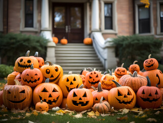 Obraz premium jack o lantern pumpkins in front of house