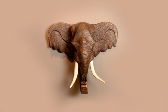 Wooden elephant head hang on wall