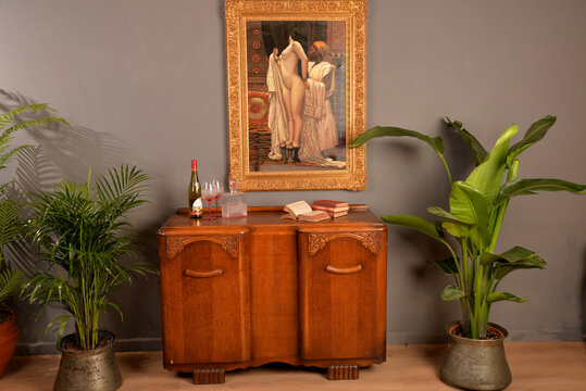 nude frame oil paintig table hang on wall top furniture