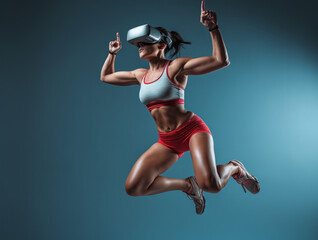 fitness muscular woman in motion jumping running dancing wearing a Virtual reality glasses headset. Red white and blue