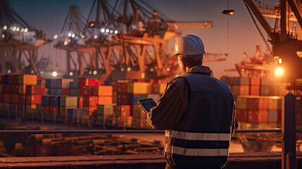An engineer and tablet at Containers yard from Cargo freight ship for import export. Transportation concept Import and export. Generative Ai