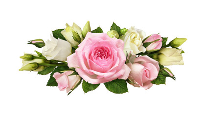 Pink roses and eustoma (Lisianthus) flowers in a floral arrangement isolated on white or...