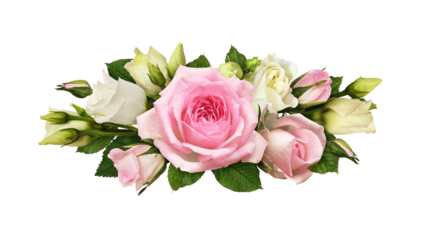 Pink roses and eustoma (Lisianthus) flowers in a floral arrangement isolated on white or transparent background