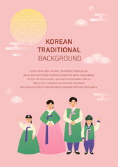 Korean holiday background poster with family in traditional costume.