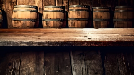 background of barrel and worn old table of wood. generative ai.
