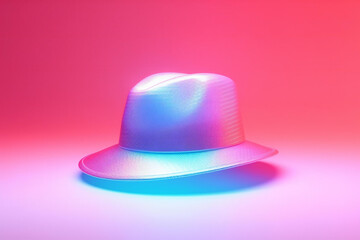 Holographic, Hat, solid, profile, sleek glass thickness, transparent, pink and white and blue smooth color background, rendering, cinematic lighting. 