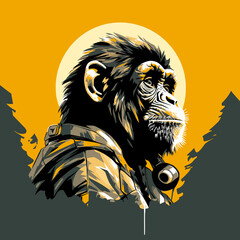Chimpanzee in military camouflage with weapon in vector art style