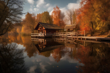 In the holiday cottage by the lake, the autumn scenery is charming and pleasant. 