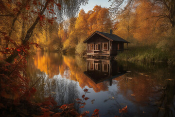 In the holiday cottage by the lake, the autumn scenery is charming and pleasant. 