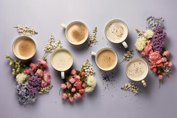 Colorful tea cups with red daisies and tulips and Blue grape hyacinths and purple hyacinths, soft and dreamy tones.