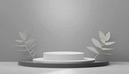 Abstract gray stage background product display podium scene with leaf platform. grey background vector with podium. stand to show cosmetic product. Stage showcase on display white background.