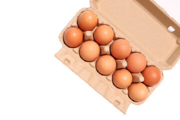 Egg carton with eggs isolated on a white background Fresh organic eggs in a cardboard box