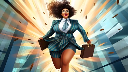 A confident plus-size woman running through a bustling city in a professional suit and tie