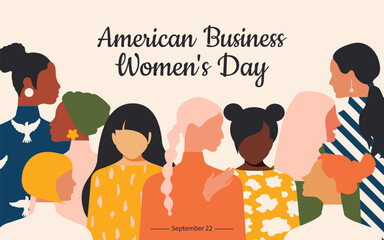 American Business Women's Day. September 22nd. Horizontal modern pink banner with women of different nationalities. Vector.