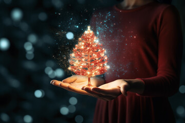 Merry Christmas. A woman in a red sweater holds a Christmas tree in her hands. The light that shines in fantasy fills you with prayers, blessings, and joy. blessing and prayer concept