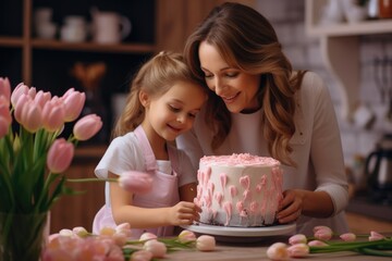 Obraz na płótnie Canvas happy laughing mother and child cooking and decorating cake. AI Generated