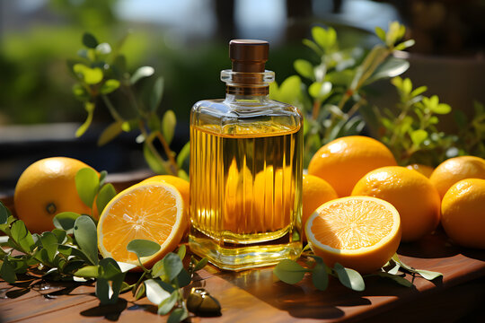 Vial with orange oil on a natural background