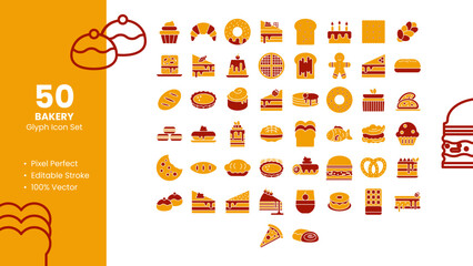 Bakery Product Icons set. 50 Glyph Icons Pixel Perfect.