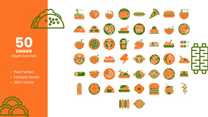 Dinner Icons set. 50 Glyph Icons Pixel Perfect.