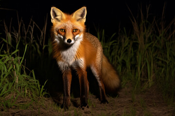 a fox standing in the grass at night