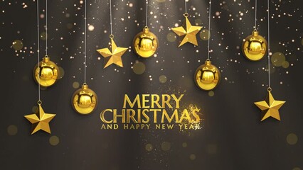 merry christmas happy new year celebration luxury golden ball and star glitter rain light text animation - Powered by Adobe