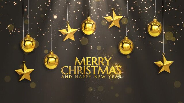 merry christmas happy new year celebration luxury golden ball and star glitter rain light text animation 