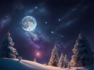 Starry christmas full moon night , cosmic sky winter landscape, magic forest. New year greeting card, postcard, background with copyspace.