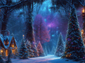 Winter magical landscape at christmas night, eve with fir trees, snow, sparkles, lights. New year greeting card, postcard, background with copyspace.
