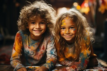 beautiful happy boy and girl with painted