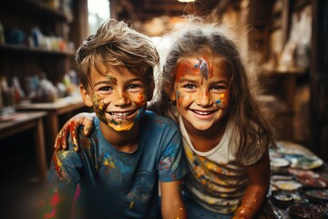 beautiful happy boy and girl with painted