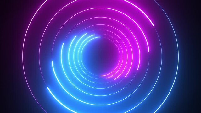 Neon round UV lamps, LED neon round lighting. Beautiful abstract round light line. Blue and pink colors. Futuristic background. fluorescent neon. Dynamic Hi-tech concept. Seamless loop.