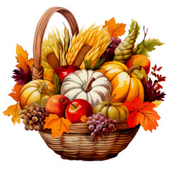 thanksgiving decorating. Pumpkins with fruits, flowers, corn, pine, vegetables, and leaves. AI-generated