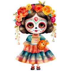 day of the dead fantasy festival girl in watercolor Characters isolated on Transparent background