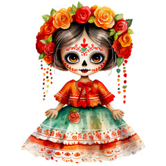 day of the dead fantasy festival girl in watercolor Characters isolated on Transparent background