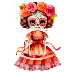 Fototapeta na wymiar day of the dead fantasy festival girl in watercolor Characters isolated on Transparent background