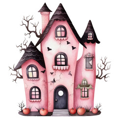 Halloween black and pink house watercolor PNG illustration. Halloween pink haunted house Spooky Night watercolor style isolated on Transparent background.