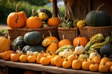 pumpkins and squash at a farmers market, Generative AI