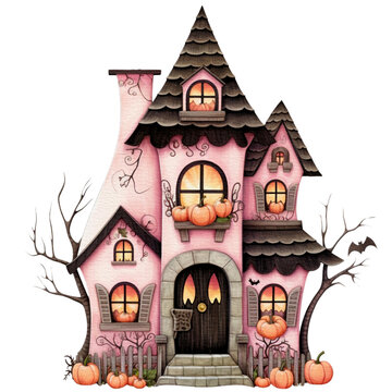 recommend clip art: Halloween black and pink house watercolor PNG illustration. Halloween pink haunted house Spooky Night watercolor style isolated on Transparent background.