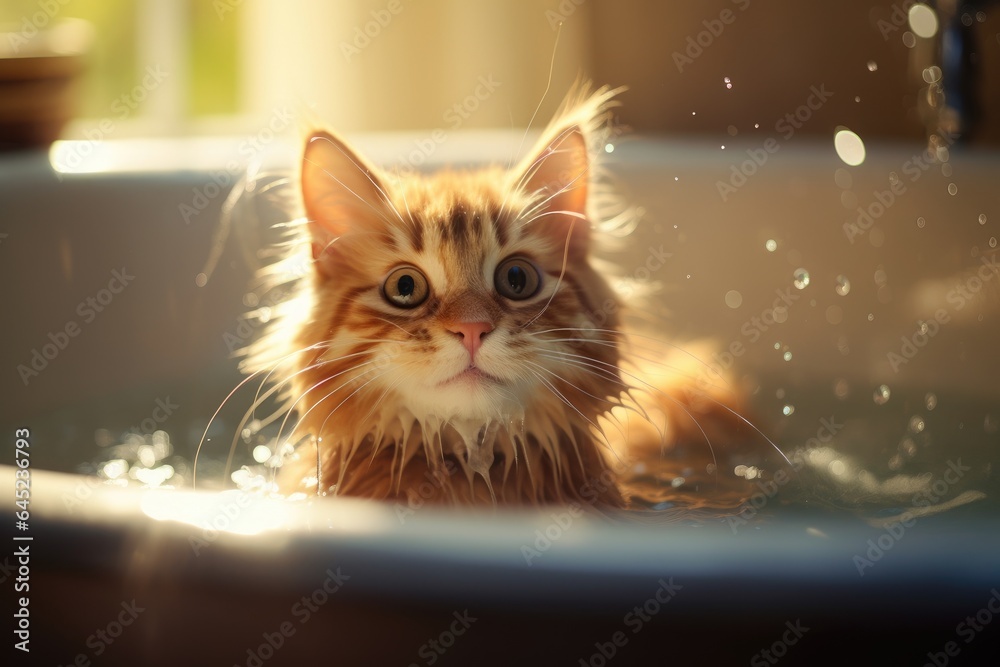 Poster ginger cat in a bath with foam washes.