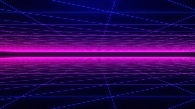 Abstract sci-fi grid, bright glowing neon lines, cyberpunk, wireframe net footage, Retro. Seamless loop