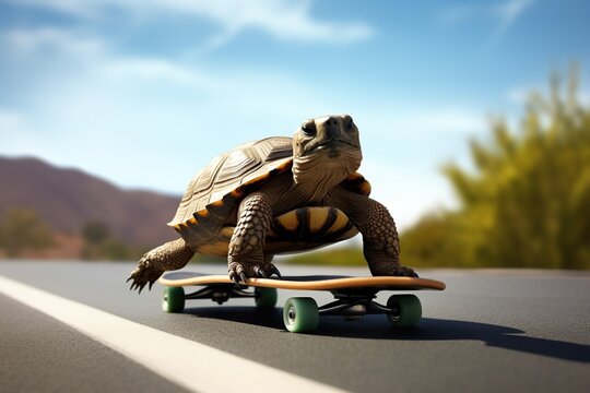 A tortoise riding on a skateboard, Generative AI