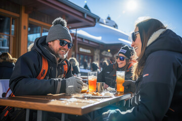 Winter camaraderie, friends gather on a snowy day, savor drinks outdoors after skiing.