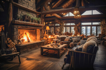 Rustic ski lodgem with a warm interior, winter coziness and mountain vibes. - obrazy, fototapety, plakaty