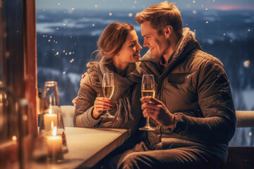 Couple toasts with sparkling wine apres ski. A joyful moment amidst snowy winter wonder
