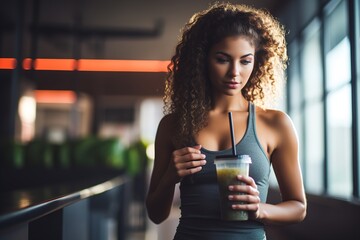 Fit girl holds a natural smoothie in her hand. Concept of a healthy lifestyle and detox - obrazy, fototapety, plakaty