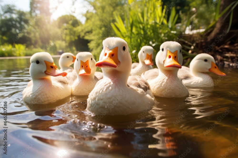 Sticker White ducks on the pond in summer.