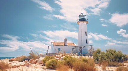 free photos Calm sandy beach with a majestic lighthouse inside AI generated image - Powered by Adobe