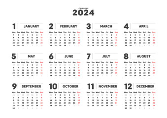 2024年のシンプルな年間カレンダー - 月曜始まり･12ヶ月･1年分の暦 - A判比率
