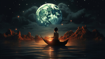 human and canoe with moon background